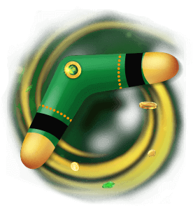 Green Boomerang with golden ends in front of a golden and green twirl